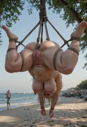 Blonde pigtail bimbo mature, wrinkled, cellulite, (bbw:1), (gilf:1.3), (natural sagging tits), spreading, legs, extreme, (tight micro bra tight breast tight bondage:1.1), (hogtied, bound for sex, tied up), (outdoor in living public beach:1), (hanging by her body high up in air to tree branch:1.3), (view from side and below:1.1), (pale skin), (running vulgar makeup), black spiked pet collar, (ragged torn lace black stockings:1), (cutout ragged torn undersized top:1), (perfect lace crotchless micro bikini:1.2), (colored lace tutu), (oiled glossyshiny skin:1.3), (anal:1.2), hard nipples, thick cum, (torn stockings:1), (corset:1), (spiked collar), screaming, shocked, tearful, deep anal penetration, (sunhat), <lora:add-detail-xl:2>, <lora:detailed_notrigger:2>, <lora:tiedbreastsblue_XL_reg0_:2>