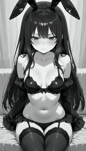 1 person, sitting, Tell and slender girl, thin body, black hair, long hair, black bunny ears, narrow waist, thin thighs, thin legs, nude, (woman wearing sexy black lingerie), black ruffle sexy microskirt, black long ruffle stockings, black ruffle sleeves, open shoulders, blushing, open stomach, small breasts, (negative_v2, Color_Balance_Calibration:.8), aidxlv05_neg, Go, Toboun, No, Hanayome, Style, blush, breasts, monochrome, greyscale, large, eyebrows, visible, through, hair, bangs, solo, focus, masterpiece, best, quality, very, aesthetic, absurdres, <lora:Go_Toboun_No_Hanayome_Season_2_Style:1.2>, <lora:CALM WHITE-NAI:1.8>, <lora:Basuke-P3v1-NbVp10:1.3>