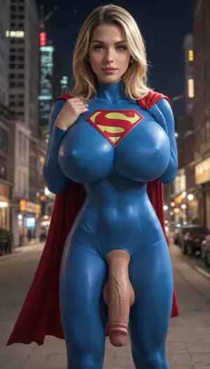 (futanari:1.5), (supergirl:1.5), (Reiq style:.6), seductive smile, extremely beautiful face, full lips, voluptuous, (huge breasts:1.75), (huge thick flaccid penis:1.55), (thick cock), (balls), (long blonde hair), (ultra tight classic Supergirl costume:1.5), big breasts, big ass, ultra quality, high quality, realistic skin, lifelike, pink lips, big hips, 8K, 8K quality, giant breasts, huge tits, (she is standing on the top of a building in new york city at night), night time, (sexy pose), (close up), (front view), <lora:Dramatic_penis_SDXL:1>