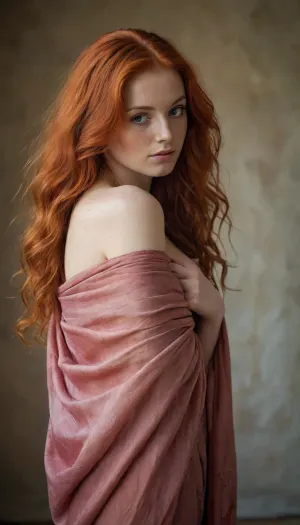 Side view, Full body portrait, Sophie Gengembre Anderson Style, An 28-year-old woman with long red hair, sagging breasts, wrapped in silk fabric, she turned her head to the camera, <lora:Sophie Gengembre Anderson Style:1.5>