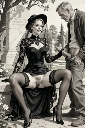 This is is a detailed monochromatic pencil drawing in a classical illustrative style depicts a scene set in Russian, in 1950s, full portrait of a beautiful widow sitting in a cemetery park monument near the cemetery monument, the legs are spread apart, show her hairy pussy with slutty smile she is wearing a long sleeved intricate lace black widow gown, widow hat, black transparent veil, stockings, front view, upskirt shot, looking away, middle distance, ptheels, high, heels, standing nearby is a sleazy old homeless man with his pants unbuttoned, she is masturbating his dick, She looks at him, handjob, The overall mood is intense, rendered in fine, expressive line work and subtle shading, evoking the style of 1950s satirical or moralistic illustrations.