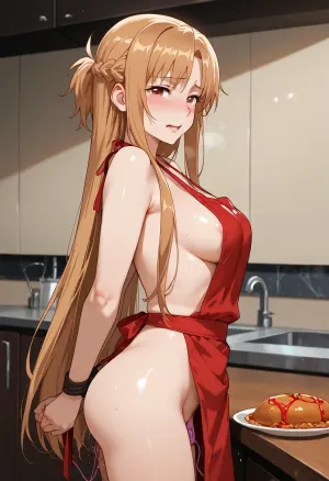 Asuna Yuuki from Sword Art Online, cute slender girl, petite body, medium breasts, lying on stomach on the kitchen table, wearing only an apron that's splattered with food, ((hands tied behind her back)), side view, vibrator in pussy, her face pressed against the cold counter, ((oragasm face expression, eyes wide and tearing, red glossy lips, oragasm scream, anime style)), anime art style, fanart, explicit, nsfw