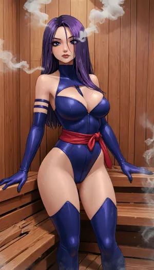 (innv meets jack cayless style), (reiq style, masterpiece, cel-shaded, limited color palette), ((Beautiful Sexy Psylocke from marvel rivals game body:1.5)), (1girl, solo, alone, 21 year old woman), (gorgeous, seductive face, long hair, hair ornament, purple hair, mature, ads, perfect breast, perfect hands, perfect legs, small waist, big thick thighs, huge hips, big ass, hard nipped, sweaty body), (Psylocke marvel rivals tight Violet ninja outfit bodysuit outfit), (one long red sash), (straps), (marvel rivals thigh boots), (marvel rivals gloves), (standing, horny sex wet posing), (sauna, steam, smoke, sauna background:1.3), ultraviolet light, LoL, Style, x-men, Psylocke, woman, <lora:LCMTurboMix_Euler_A_fix:2>, <lora:Marvel_Rivals:2>, <lora:PsylockeXL:2>, <lora:mk_Bp Anime_xl:2>, <lora:x-men psylocke woman 1a-000035:2>
