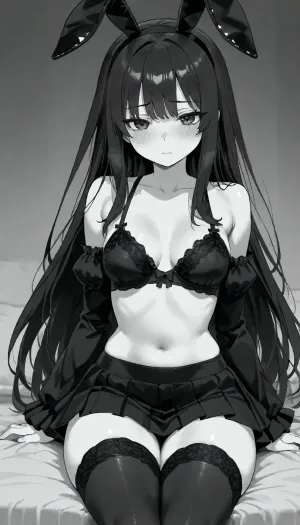 1 person, sitting, Tell and slender girl, thin body, black hair, long hair, black bunny ears, narrow waist, thin thighs, thin legs, nude, (woman wearing sexy black lingerie), black ruffle sexy microskirt, black long ruffle stockings, black ruffle sleeves, open shoulders, blushing, open stomach, small breasts, (negative_v2, Color_Balance_Calibration:.8), aidxlv05_neg, Go, Toboun, No, Hanayome, Style, blush, breasts, monochrome, greyscale, large, eyebrows, visible, through, hair, bangs, solo, focus, masterpiece, best, quality, very, aesthetic, absurdres, <lora:Go_Toboun_No_Hanayome_Season_2_Style:1.2>, <lora:CALM WHITE-NAI:1.8>, <lora:Basuke-P3v1-NbVp10:1.3>