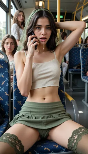 Full body front view. A 19 years old shy very skinny tall moroccan amazigh girlfriend is sitting with very slim skinny thighs spread on a metropolitan seat, one arm holding phone, other arm behind head. dark brown hair. She's wearing a slim sized cream colored top with thin straps, a olive green extreme low-waist ruffled skirt, belly button and hipbones visible, (((tight olive green cotton pantyshorts:1.5))), olive green lace stockings, Sheer olive green veil on her head, Wedding ring with a diamond on her ring finger. Viewer is sitting 5 seats far away from her and secretly taking pictures with a smartphone. She's looking at viewer while she's talking on the phone., (cum is dripping from her nostrils and corner of her mouth:1.3), There are a lot of beautiful skinny moroccan women on the bus, standing and sitting in the background. Daytime, sunlight sparkling the scene, soft lighting.