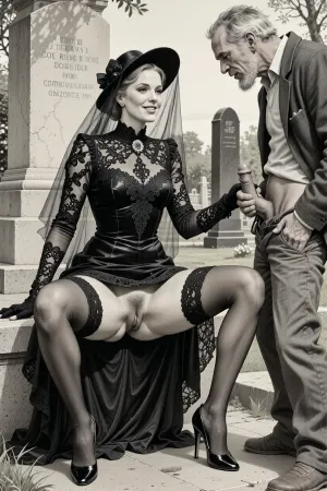 This is is a detailed monochromatic pencil drawing in a classical illustrative style depicts a scene set in Russian, in 1950s, full portrait of a beautiful widow sitting in a cemetery park monument near the cemetery monument, the legs are spread apart, show her hairy pussy with slutty smile she is wearing a long sleeved intricate lace black widow gown, widow hat, black transparent veil, stockings, front view, upskirt shot, looking away, middle distance, ptheels, high, heels, standing nearby is a sleazy old homeless man with his pants unbuttoned, she is masturbating his dick, She looks at him, handjob, The overall mood is intense, rendered in fine, expressive line work and subtle shading, evoking the style of 1950s satirical or moralistic illustrations.