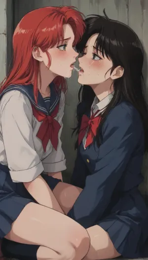 Markgavatino style, (retro anime:1.8), masterpiece, 2 women, 25 year old, on knee beneath you, awkwardly kissing, shy, embarrassed, crying, tears, cum on faces, cum leaking from mouth, (school uniform), <lora:mk_Bp Anime_xl:1>, <lora:NEOTOKIOXL_0.2_RC:2>