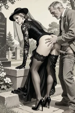 This is is a detailed monochromatic pencil drawing in a classical illustrative style depicts a scene set in Russian, in 1950s, full portrait of a beautiful widow, She's bent over low in a cemetery park monument near the cemetery monument, show her ass with slutty smile she is wearing a long sleeved intricate lace black widow gown, widow hat, black transparent veil, stockings, side view, upskirt shot, looking away, middle distance, ptheels, high, heels, standing nearby is a sleazy old homeless man with his pants unbuttoned, he touchs her bottoms by fingers, The overall mood is intense, rendered in fine, expressive line work and subtle shading, evoking the style of 1950s satirical or moralistic illustrations.