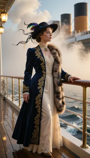 A young woman at the end of Belle Époque in the 1910s stands mesmerized at the edge of the RMS Titanic promenade deck during a breathtaking, atmospheric dawn. In this dramatic and emotionally charged cinematic shot, an exceptionally stunning 22-year-old aristocrat is captured in a dynamic three-quarter view, leaning gracefully against the gleaming brass handrail of the ocean liner. She is gazing far out into the misty North Atlantic Ocean, her eyes reflecting the glowing horizon with a subtle sense of longing and impending fate.

Her 1910s haute couture promenade attire is a masterpiece of historical luxury, a flowing, floor-length midnight-blue velvet walking coat lined with rich golden silk embroidery, left slightly open to reveal a delicate, high-collared ivory chiffon gown with intricate beaded lace detailing along the bodice. A luxurious faux-fur stole is draped casually over one shoulder. A wide-brimmed Edwardian hat with dark sheer netting and iridescent feathers is angled dramatically, with fine silk ribbons fluttering wild and long in the crisp ocean breeze.

The environmental storytelling is intense, low-angled golden sunlight punches through the thick morning ocean mist, creating dramatic light rays, (God rays), cut by the dark silhouette of the ship's massive funnels. Soft white steam billows lazily in the background. The polished teak deck is damp, reflecting the amber sky and the icy blue ocean waves crashing below. The composition uses a low-angle 85mm lens with a shallow depth of field, sharp cinematic focus on her expressive face, flying tendrils of hair, and the exquisite, tactile textures of velvet, silk, and wet wood. Captured with rich cinematic color grading, raw emotion, and high-art aesthetic impact.