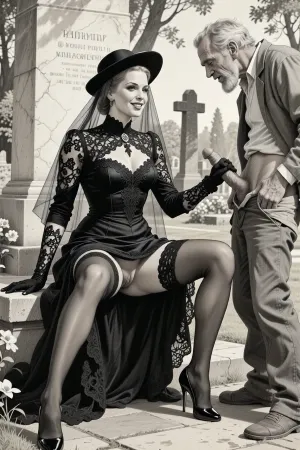 This is is a detailed monochromatic pencil drawing in a classical illustrative style depicts a scene set in Russian, in 1950s, full portrait of a beautiful widow sitting in a cemetery park monument near the cemetery monument, the legs are spread apart, show pussy with slutty smile she is wearing a long sleeved intricate lace black widow gown, widow hat, black transparent veil, stockings, front view, upskirt shot, looking away, middle distance, ptheels, high, heels, standing nearby is a sleazy old homeless man with his pants unbuttoned, she is masturbating his dick, She looks at him, handjob, The overall mood is intense, rendered in fine, expressive line work and subtle shading, evoking the style of 1950s satirical or moralistic illustrations.