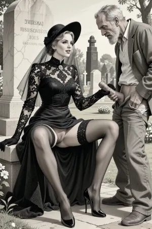 This is is a detailed monochromatic pencil drawing in a classical illustrative style depicts a scene set in Russian, in 1950s, full portrait of a beautiful widow sitting in a cemetery park monument near the cemetery monument, the legs are spread apart, show pussy with slutty smile she is wearing a long sleeved intricate lace black widow gown, widow hat, black transparent veil, stockings, front view, upskirt shot, looking away, middle distance, ptheels, high, heels, standing nearby is a sleazy old homeless man with his pants unbuttoned, she is masturbating his dick, She looks at him, handjob, The overall mood is intense, rendered in fine, expressive line work and subtle shading, evoking the style of 1950s satirical or moralistic illustrations.