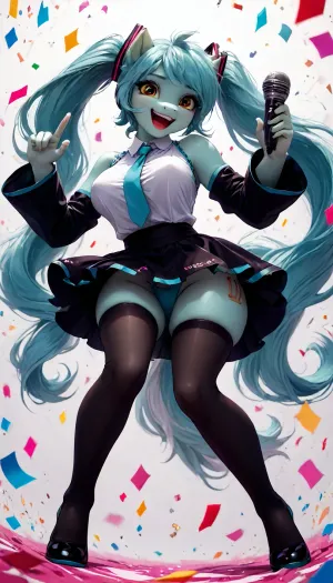(Lyra Heartstrings), mlp, (((pony))), hatsune miku hair cosplay, smile, showing teeth, open mouth, makeup, perfect tail, rosy cheeks, furry, anthro, hooves horse, hooves on the feet, Anfisa, big breasts, erect nipples under clothing, hatsune miku cosplay, black stockings, microphone, random pose, best angle, white background, confetti, <lora:Pony_MLP_v1.8SDXL:.8>, <lora:Anfisa_Fox_Riot-XL:1.9>, <lora:princess_xl_v2:.8>, <lora:LCMTurboMix_Euler_A_fix:.8>