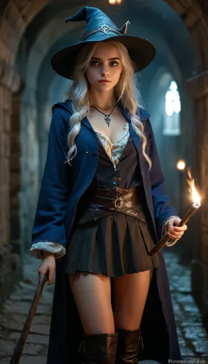 Wizard School, a 18 year old girl, in an old dark dungeon with no windows and no light, A low, narrow, long corridor in an underground dungeon made of roughly hewn stones. The end of the corridor vanishes into the darkness. There is no daylight. Torches are set into the wall., full body view, silver hair, perfect eyes, perfect face, perfect lighting, beautiful, high detail, octane render, detailed eyes, (full-body shot), (sexy female wizard student), holding a small wizard wand, light at the tip of the wand, black wizard hat, black school uniform, black blouse, short black skirt, black cloak, boots, black eyeliner, deep cleavage, big firm breasts, open blouse, athletic body, silver necklace, no panties, JS_ShortSkirt, (dark ambiente:1.1), (shadows:.1), 8k, best quality, (masterpiece), (intricate details), bright, blue, eyes, <lora:MJ52:.8>, <lora:Portrait_perfection:.8>, <lora:bright_blue_eyes:.8>