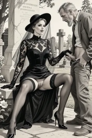 This is is a detailed monochromatic pencil drawing in a classical illustrative style depicts a scene set in Russian, in 1950s, full portrait of a beautiful widow sitting in a cemetery park monument near the cemetery monument, the legs are spread apart, show pussy with slutty smile she is wearing a long sleeved intricate lace black widow gown, widow hat, black transparent veil, stockings, front view, upskirt shot, looking away, middle distance, ptheels, high, heels, standing nearby is a sleazy old homeless man with his pants unbuttoned, she is masturbating his dick, She looks at him, handjob, The overall mood is intense, rendered in fine, expressive line work and subtle shading, evoking the style of 1950s satirical or moralistic illustrations.