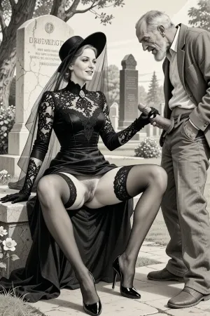 This is is a detailed monochromatic pencil drawing in a classical illustrative style depicts a scene set in Russian, in 1950s, full portrait of a beautiful widow sitting in a cemetery park monument near the cemetery monument, the legs are spread apart, show her hairy pussy with slutty smile she is wearing a long sleeved intricate lace black widow gown, widow hat, black transparent veil, stockings, front view, upskirt shot, looking away, middle distance, ptheels, high, heels, standing nearby is a sleazy old homeless man with his pants unbuttoned, she is masturbating his dick, She looks at him, handjob, The overall mood is intense, rendered in fine, expressive line work and subtle shading, evoking the style of 1950s satirical or moralistic illustrations.