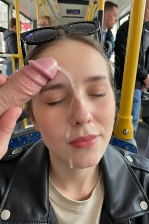 The image shows a close-up of a young woman with her eyes closed, sitting on a public transportation vehicle. She is wearing a black leather jacket over a beige T-shirt, and she has dark-tinted sunglasses with a black frame on her head, which are tilted to the top of her head. The woman's face appears to be relaxed, with her lips slightly parted.To the left of the woman's face, there is a naked male sexual organ that is being held by a hand. A portion of seminal fluid is dripping onto the woman's forehead and the bridge of her nose, and it is flowing down the center of her face, passing by her nose and lips. In the background, you can see other passengers standing in the vehicle. On the right, there is a bright yellow vertical handrail that one of the passengers is holding on to. The setting resembles the interior of a city bus or tram, with distinctive seats and handrails. The lighting in the vehicle is daytime and evenly distributed. Cum on tits, cum in mouth