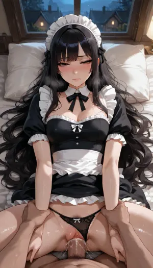 downcast expression, mouth closed, black hair, long wavy wet hair with bangs, flat-chested women, huge dick, big dick, POV, house, cum, panties, goth women, vaginal sex, goth makup, missionary, maid costume, black pubic hair, maid, <lora:xl_cute_maid_dress-1.0:.8>