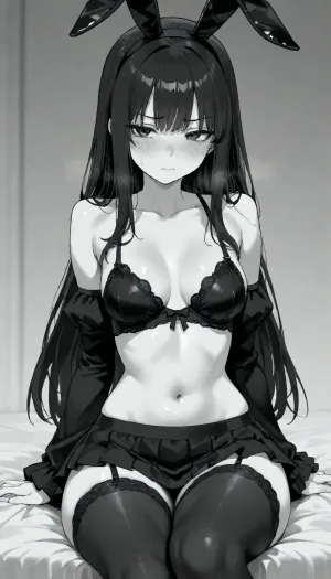 1 person, sitting, Tell and slender girl, thin body, black hair, long hair, black bunny ears, narrow waist, thin thighs, thin legs, nude, (woman wearing sexy black lingerie), black ruffle sexy microskirt, black long ruffle stockings, black ruffle sleeves, open shoulders, blushing, open stomach, small breasts, (negative_v2, Color_Balance_Calibration:.8), aidxlv05_neg, Go, Toboun, No, Hanayome, Style, blush, breasts, monochrome, greyscale, large, eyebrows, visible, through, hair, bangs, solo, focus, masterpiece, best, quality, very, aesthetic, absurdres, <lora:Go_Toboun_No_Hanayome_Season_2_Style:1.2>, <lora:CALM WHITE-NAI:1.8>, <lora:Basuke-P3v1-NbVp10:1.3>