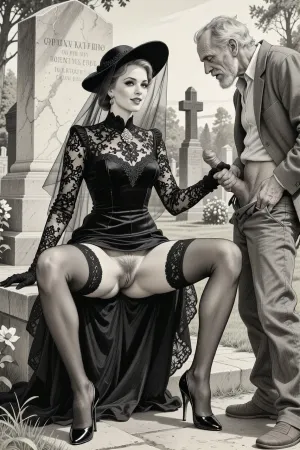 This is is a detailed monochromatic pencil drawing in a classical illustrative style depicts a scene set in Russian, in 1950s, full portrait of a beautiful widow sitting in a cemetery park monument near the cemetery monument, the legs are spread apart, show her hairy pussy with slutty smile she is wearing a long sleeved intricate lace black widow gown, widow hat, black transparent veil, stockings, front view, upskirt shot, looking away, middle distance, ptheels, high, heels, standing nearby is a sleazy old homeless man with his pants unbuttoned, she is masturbating his dick, She looks at him, handjob, The overall mood is intense, rendered in fine, expressive line work and subtle shading, evoking the style of 1950s satirical or moralistic illustrations.