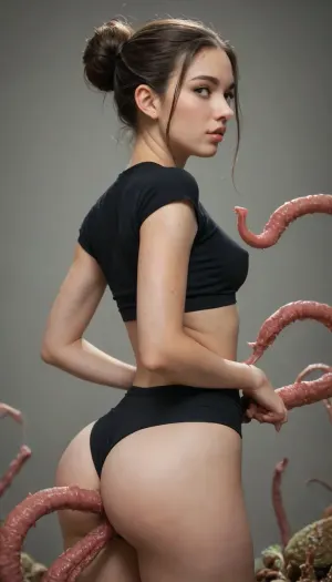 Hyper realistic, horny princess shows her ass in alien worms, small breast, brown hair, bun, horny alien slug monsters worm sex, ((she wears a skintight tshirt black longsleeve crop top)), A jellyfish clings to a girl's ass, parasite on ass, suspend by barbed tentacles, alien tentacle worm monster sex, tentacles, tentacle sex