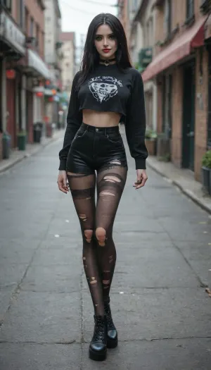 goth girl, long black hair, black chocker, pink lipstick, ripped revealing pantyhose, goth, long legs, perfect face, green eyes, horny smile