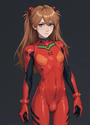 (Owler meets Markgavatino style), masterpiece, (asuka Langley, femboy, skinny, flat chest, cock bulge, evangelion plug suit), simple background, <lora:mk_Bp Anime_xl:2>