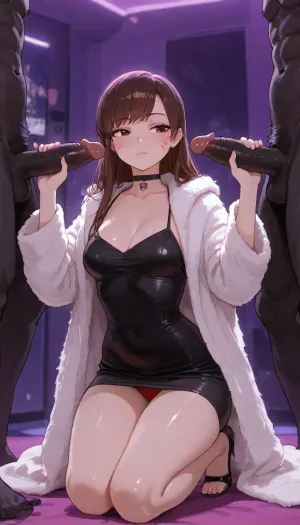 full body shot, (Anime shot), d.va from overwatch, slim, small body, small medium breasts, black choker, black tight night dress, white expensive fur coat, red panties, on knees, handjob, 2 muscular black mans, stands, 2 huge black penises, karaoke room, no headphones, <lora:ratatatat74-000050:.8>, <lora:outline_xl_kohaku_delta_spv5x:.8>, <lora:cartoon_stickers_xl_v1:.8>, <lora:hennnachoco-NAI:.8>