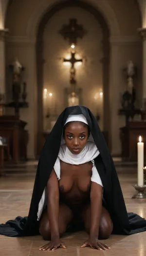 POV, (realistc 23 year old beautiful African woman:1.6), with short curly black hair, (dark skin:1.6), symmetrical face, large expressive natural eyes with submissive expression, (wearing torn and ripped black and white nun habit with veil torn open:1.4), on all fours in, (doggy style position:1.6), with hands on the floor on the church altar, (being penetrated in pussy:1.6), from behind by a man wearing black priest cassock, thick veiny erect penis of natural realistic size thrusting deep into her, explicit penetration with torn habit skirt lifted, ripped fabric, detailed skin and fluids, dim church lighting with candles and cross in background, photorealistic, best quality