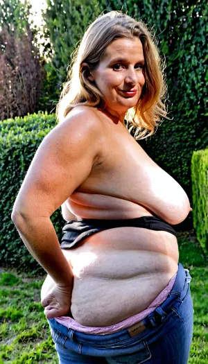 Amateur candid photo, granny 80 year old plump wrinkled granny, (plump bbw:1.1), (overweight:1.1), fat circular face, looking at me, medium hair, dark blonde disheveled wwavy hair, huge breasts, fat sagging heavy tits, at dawn, wrinkled white skin, realistic detailed skin texture, wrinkled body . Old wrinkled skin . pretty blue eyes, strong fat arms, fat neck, double chin, happy, mouth closed, no makeup, no lipstick, ultimate realism, 67 old fat wrinkled woman, plump thick, old, mature, 173cm, very chubby, wide chest, thick arms, thick thighs, thick, short neck, height, celulite body, a big smile. She has a chubby thick physique and is wearing no makeup. The lighting is soft and natural, casting gentle shadows.. The image has a casual, candid feel. Amateur model, amateur photograph, vivid sunset, golden hour, scenic, wearing a tight pair of jeans and big panties on her waist, view from behind, bodensee