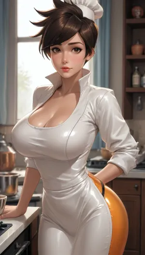 reiq style, (((Tracer from Overwatch))), oiled body, massive breasts, fully clothed wearing Chef's outfit, black thong