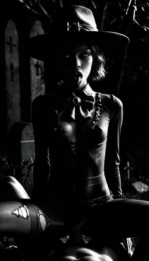1girl, hetero, 1boy, sex, black_hair, black_nails, vaginal, pantyhose, open_mouth, yellow_eyes, penis, breasts, straddling, torn_clothes, dress, squatting_cowgirl_position, hat, pussy, graveyard, cowgirl_position, girl_on_top, black_headwear, clothed_sex, short_hair, long_sleeves, hair_over_one_eye, tongue, black_dress, solo_focus, black_footwear, pov, nail_polish, striped_clothes, torn_pantyhose, fingernails, clothed_female_nude_male, spread_legs, vertical-striped_clothes, tombstone, outdoors, tongue_out, medium_breasts, brooch, blush, capelet, looking_at_viewer, censored, black_pantyhose, ascot, saliva, jewelry, cleavage, hat_bow, ahegao, see-through, cross, rolling_eyes, (ultra skinny:1.6), forgotten cemetery, neglected graveyard, broken stone crosses, ancient weathered gravestones, dense fog, abandoned pathways, overgrown vegetation, twisted branches, silent and haunting atmosphere, dramatic moonlight, photorealistic, ultra detailed, <lora:dark:2>