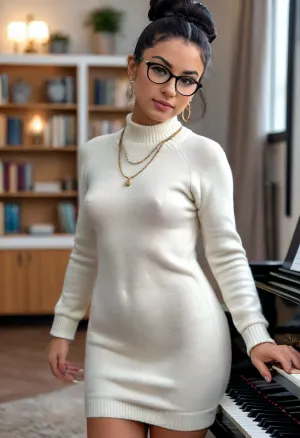 (masterpiece, best quality:1.2), 1 25yo latin woman, famous influencer, focus on her nice ass with a butt plug, (she wears no underwear and a white knitted sweaterdress:1.4), indoors as a diligent piano student, double bun black hair, (styled with three necklaces, earrings and bracelet:1.4), brown eyes, big glasses, photorealism, braless, Wearing, clothes, that, make, sense, with, Braless>, <lora:style_lora_realis:.5>, <lora:bralessSDXL_v1_00022:.5>
