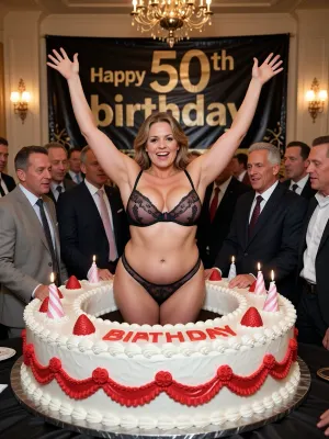 a very sexy, (((chubby))), and, (super busty:1.8), 38 years old woman, sexy lingerie set, she is hidden from sight at first but she jumps out of a giant, ((fake)), birthday cake waving her hands into the air when she smiles, lots of middle aged men around her, big banner on the background reading "Happy 50th birthday", big banquet hall masterpiece, best quality, photorealistic