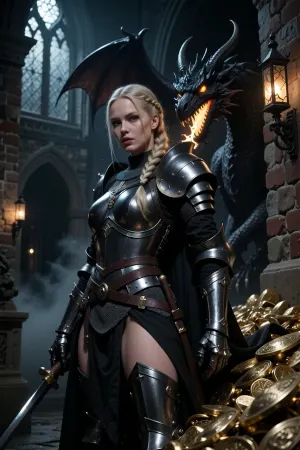 Sexy curvy big ass woman in knight armor, she is a Scandinavian knight with pale sunless skin, long light blonde hair braided into a single neat braid, clear blue eyes, and a cold focused expression of absolute resolve. She wears dark heavy knight armor, heavy but elegant, with layered black and charcoal cloth tabard. Dragon, large black dragon on top of pile of gold in a gothic castle at midnight, its eyes glowing in a warm yellow-orange hew, its maw is slightly opened a beginning flame growing in the back of its throat.

The castle is dark and claustrophobic, with rough brickwork, crooked gothic arches, old stone walls, wrought-iron lanterns, drifting fog, and deep black corners where danger waits. High fantasy knight, gothic castle, cinematic composition, ultra detailed, realistic painterly style, dramatic low-key lighting, deep shadows, tense stealth atmosphere, elegant martial pose.