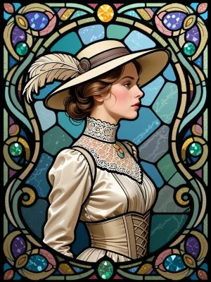 stained glass belle epoque Art Nouveau, ornate decorative frame, flowing organic linework, jewel-toned colors, flat draw style, flat illustrative style. Mosaic. Limited number of colors, All colors separated by thin black lines including on face. side profile of elegant young woman, 1910s, loose chignon, wide-brimmed feathered hat, high lace collar, fitted silk gown with corseted waist