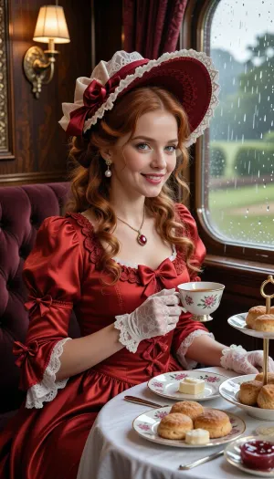 An exquisitely detailed portrait of a beautiful, elegant young woman with fair skin, bright blue eyes, and a warm, charming smile, sitting in a luxurious vintage carriage of the “Orient Express” on a rainy day. She has thick, wavy red hair styled in an elaborate updo, she wears a stunning red satin dress with ruffles, cuffs, and decorative bows in the same shade. She wears a large, richly decorated hat with lace and ribbons in shades of red and cream-white, white lace gloves, pearl earrings, and a pendant with a red gemstone. In one gloved hand, she gently holds an elegant porcelain cup with a floral pattern, filled with tea, while her other hand rests on the table. Before her, on a white linen tablecloth, stands an exquisite afternoon tea set—saucers, plates with fresh golden-brown scones, cream, butter, and jam.
Outside the window, down which raindrops are streaming, a soft, blurred green landscape of the countryside drifts by. The soft, warm light of brass wall sconces illuminates rich dark mahogany paneling and luxurious burgundy velvet seats. A cinematic composition, an elegant Victorian atmosphere, ultra-realistic textures and details—a masterpiece of the highest quality