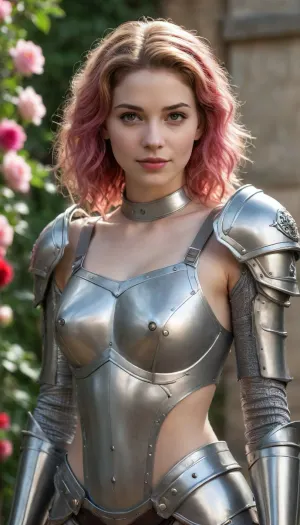 beautiful sexy slender young lady, hot sweaty pale white skin, kind soft, flirty eyes, flirty smirk smile, rough tangled rose hair, heavy halfplate armour, thigh