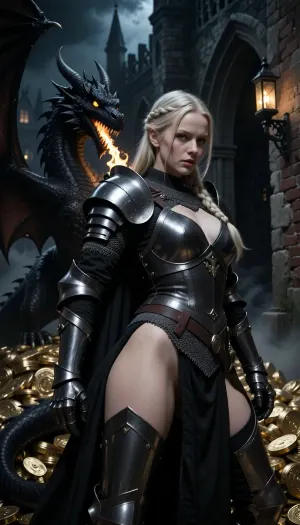 Sexy curvy big ass woman in knight armor, she is a Scandinavian knight with pale sunless skin, long light blonde hair braided into a single neat braid, clear blue eyes, and a cold focused expression of absolute resolve. She wears dark heavy knight armor, heavy but elegant, with layered black and charcoal cloth tabard. Dragon, large black dragon on top of pile of gold in a gothic castle at midnight, its eyes glowing in a warm yellow-orange hew, its maw is slightly opened a beginning flame growing in the back of its throat.

The castle is dark and claustrophobic, with rough brickwork, crooked gothic arches, old stone walls, wrought-iron lanterns, drifting fog, and deep black corners where danger waits. High fantasy knight, gothic castle, cinematic composition, ultra detailed, realistic painterly style, dramatic low-key lighting, deep shadows, tense stealth atmosphere, elegant martial pose.
