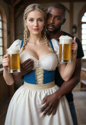 Photorealistic, (interracial), semi-clothed Bavarian woman, 25yo, beer wench, blonde braided pigtails, bright eyes, blue eyes, (beautiful:1.8), (curvy:1.7), figure-hugging dirndl, (highly detailed short dirndl:1.5), natural large saggy breasts, (cleavage), (one breast exposed), micro-waist, (ultra-wide hips:1.7), standing, submissive, (flirty, horny:1.3), (highly detailed face), highly detailed medieval dairy barn, front turned one quarter to camera, (carrying a large beer:1.4), serving a Black male customer as he gropes her, (groped:1.7), clothed Black man standing alongside her, (ultra-realistic, RAW photo, DSLR, sharp focus), (source_real), ultra-realistic, RAW photo, DSLR, sharp focus, (Canon EOS R5, 85mm lens perspective, f/1.8), shallow depth of field, close up shot, eye level, subject in sharp focus, background softly blurred, (bokeh), highly detailed skin texture, visible pores, subsurface scattering, correct anatomical proportions, consistent limb length, natural color grading, warm 3200k golden hour sunset tones, cinematic composition, rule of thirds, (ultra-high resolution, 4K / 8K, highly detailed, sharp focus, masterpiece, best quality, intricate details), (score_9, score_8_up, score_7_up), <lora:attractive_notrigger:2>, <lora:Portrait_perfection:.8>, <lora:EnvyBetterHiresFixXL01:.8>