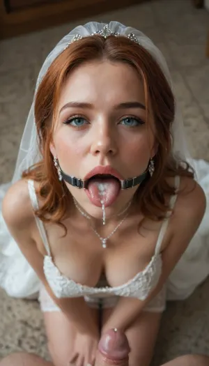 Mature Hot girl, (top model, redhead bride), kneeling, waiting for cumshot, (tongue out of mouth:1.2), (lot of cum on tongue), ((oring gag)), teasing look, waiting for facial, beautiful face, pov, view from above, mouth open, closeup, face only