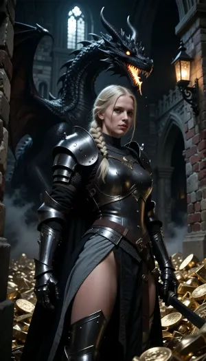 Sexy curvy big ass woman in knight armor, she is a Scandinavian knight with pale sunless skin, long light blonde hair braided into a single neat braid, clear blue eyes, and a cold focused expression of absolute resolve. She wears dark heavy knight armor, heavy but elegant, with layered black and charcoal cloth tabard. Dragon, large black dragon on top of pile of gold in a gothic castle at midnight, its eyes glowing in a warm yellow-orange hew, its maw is slightly opened a beginning flame growing in the back of its throat.

The castle is dark and claustrophobic, with rough brickwork, crooked gothic arches, old stone walls, wrought-iron lanterns, drifting fog, and deep black corners where danger waits. High fantasy knight, gothic castle, cinematic composition, ultra detailed, realistic painterly style, dramatic low-key lighting, deep shadows, tense stealth atmosphere, elegant martial pose.
