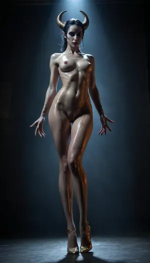 succubus demon, full-body in a studio, luminous fantasy art style glowing with ethereal light, soft dreamlike atmosphere, vibrant golden hues against deep blues, intricate delicate textures and smooth flowing lines, gentle shimmering highlights, eerie sunken eyes, sharp cheekbones, grotesque expression, ((brightly light vagina is clearly visible, one of her legs is kicked up high, standing splits)), liquid and cum squirt from pussy, near nude, hosiery, garter, high heels stilettos, subtle shadow for depth, moody cyberpunk undertones muted, high contrast against a dim pitch‑black background., (masterpiece, best quality, highres, photorealistic)