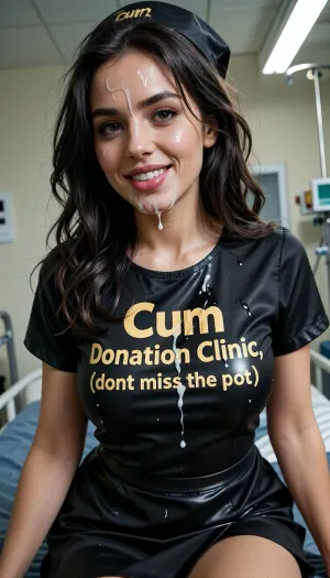 ((30 yo romanian instagram model, nurse in black sain glossy nurse dress.)), ((cum covered)), in sterile hospital environment euro WOMAN, dark hair, beautiful face, big load OF CUM on face and dress, deep perspective, ((long messy wavy tousled after sex hair frames her face)), tousled hair, sexy eyes, perfect body, pov, looking up at viewer, eye contact, ((wearing a sexy glossy black satin nurse dress with the words " Cum Donation Clinic, (dont miss the pot), " in yellow writing on front)), sexy smile, <lora:JustCum:2>, <lora:texta:2>, <lora:RMSDXL_Darkness_Cinema:1.8>, solo_focus, <lora:attractive_notrigger:1.5>, <lora:BUT_SDXL_SHS:1.9>