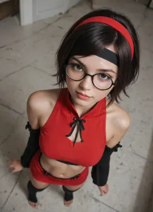 (((beautiful, high quality))), score_9, score_8_up, score_7_up, score_8, masterpiece, best quality, unrealistically high details, extremely high quality, ultra high detail, good anatomy, 1female, 1girl, happy, naughty smile, rolling eyes, lidded eyes, sultry look, midriff, looking at viewer, female focus, breasts, stockings, (1girl, sarada, black eyes, black hair, short hair, glasses, headband, open red sleeveless dress, detached sleeves, thighhighs, toeless shoes navel, center_opening, female), view from above, dramatic angle, BREAK, livingroom background, (ray tracing, good shadows, score_9, score_8_up, score_7_up)