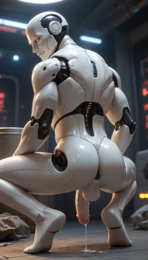 a male robot, robot, humanoid, (white plastic skin:1.3), synthetic, with mechanical joints, curved penis, flaccid penis, squatting low. robot is athletic, anatomically correct, tall, slender, thin, handsome sexy. provocative cruel smile. normal size penis. In a spaceship with neon lights. Looking at the viewer. Seen from back. Ass close-up. Penis is, (dripping cum:1), . Not muscular. robotic head. Robotic joints. Spread legs. Robot head, led eyes. Full body view. Barefoot.