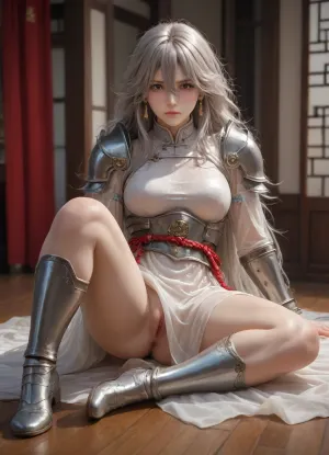 Hairstyle, Very long straight Silver hair, solo., (floor-length), Completely scattered hair. overall smooth and straight, no obvious curls or waves.
Front Hair, (Bangs), Long, messy bangs, Messy hair., (hair between eyes:1.3), naturally falling to partially cover the forehead and eye corners..Ancient Chinese generals.mature woman.Cool and handsome.aloof.frown.blush.angular face.Jade Earrings.muscular physique.uberfit, muscular, (muscle:1.45), .Perfect back muscles. athletic.Obvious muscle structure.
Wearing Chinese general's armor., Silver Chinese general armor, completely Silver armor, pure Silver lacquered armor, shoulder armor, breastplate, armor belt, skirt armor .Armored Boots, (Silver tight-fitting sheer bodysuit., (sheer clothes:1.5)), no panties, pussy and anus visible through the sheer fabric.