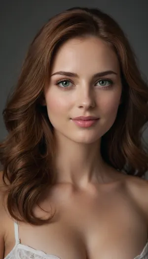 (no panties, full naked, A 40-year-old woman, approximately 1.70 m, (5'7"), tall, with a slim, feminine, naturally proportioned figure and a natural bust. She has a friendly, warm, and approachable face with a genuine, relaxed smile. Her complexion is fair and natural, with delicate, soft facial features. She has striking green-gray to light hazel eyes, gently arched eyebrows, a small straight nose, and naturally shaped medium-full lips. Her face is oval-shaped, with subtly defined cheekbones and a softly structured jawline. Her most distinctive feature is her long, voluminous, naturally wavy reddish-auburn hair, falling loosely around her shoulders. She has a natural, well-groomed, attractive appearance with a relaxed and authentic presence. Slim arms, a narrow waist, and an overall slender, feminine body shape. Realistic natural skin texture, subtle makeup, natural proportions, photorealistic, authentic appearance. big natural breast, 80d cup)