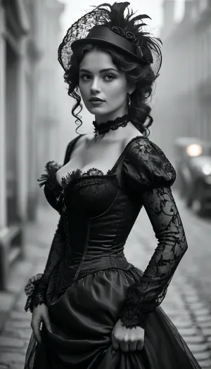 (masterpiece, old film quality, ultra-detailed, photorealistic, (black and white:1.4), 8k, RAW photo), ((year 1901)), 2/3 body portrait of a breathtakingly voluptuous young woman with an extreme hourglass figure, posing. She has flawless olive skin, long, cascading dark waves black hair in thick, sensual waves, and a smoldering, seductive gaze directed at the camera. She is wearing an incredibly tight, form-fitting, black lace satin belle epoque gown. The green gown features puffy-shoulders and long sleeves, a sweetheart neckline, and a structured corseted bodice that violently cinches her impossibly small waist and thrusts her massive, heavy tits upwards, creating a deep, fuckable cleavage that spills out from the top. The black satin fabric clings like a second skin over her wide, child-bearing hips and thick thighs, outlining every single curve of her lower body in explicit detail. From the knees down, the dress explodes into a voluminous, multi-layered brown skirt of organza and tulle that pools elegantly on the floor. She wears a fancy Edwardian capline hat with a large feather, She is stands out side on a foggy old Parisian street with an oil lamp burning above her head, One of her toned arms is raised behind her head, pushing her tits out even further, while her other hand delicately toys with the dress strap on her shoulder. The atmosphere is intensely erotic, elegant, and sophisticated. Cinematic lighting, sharp focus, high contrast., <lora:MJ52:.8>, <lora:old_world:.8>