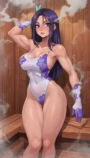 (innv meets jack cayless style), (reiq style, masterpiece, cel-shaded, limited color palette), ((Beautiful Muscles Sexy Psylocke from marvel rivals game body:1.5)), (1girl, solo, alone, 21 year old woman), (gorgeous, seductive face, long hair, hair ornament, purple hair, mature, ads, perfect breast, perfect hands, perfect legs, small waist, big thick thighs, huge hips, big ass, hard nipped, sweaty body), ((breezy butterfly Hollow Backless Strap swimsuit costume)), (breezy butterfly legs straps), (Strapbreezy butterfly sandless), (marvel rivals breezy butterfly Strap gloves), (standing a hero action posing), (sauna, steam, smoke, sauna background:1.3), ultraviolet light, LoL, Style, <lora:LCMTurboMix_Euler_A_fix:2>, <lora:mk_Bp Anime_xl:2>, <lora:Marvel_Rivals:2>, <lora:NEOTOKIOXL_0.2_RC:2>, <lora:cartoon_stickers_xl_v1:2>