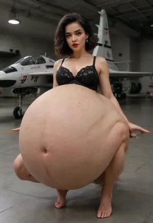 (Full body shot:1.7), (White Caucasian woman pale:1.3), ((The character Serleena from the movie Men in Black:1.7)), Enormous, spherical-to-pear-shaped, heavily distended and pendulous It protrudes aggressively forward and hangs low, reaching approximately mid-thigh level The belly has a wide, rounded base that tapers slightly toward the upper abdomen but remains massively full and heavy-looking throughout, It appears taut yet soft, with significant weight and volume that causes it to sag and rest against the tops of her thighs, The upper belly above the navel is rounded and full, blending into her large breasts contained in a tight bra There is a subtle shelf-like overhang where the massive lower belly begins, The heaviest, most prominent part is the huge, drooping lower belly It forms a massive, wide apron-like overhang with deep natural folds and creases, especially along the sides and bottom curve where it meets the thighs. The bottom edge is soft, rounded, and slightly flattened where it presses against her legs, Folds and Creases Multiple realistic skin folds a prominent horizontal crease/underfold where the belly overhangs, plus vertical creases along the sides The skin bunches softly where the belly rests on her thighs, (Jet blac hair:1.7), (It has a slightly retro or vintage-inspired volume:1.7), red lipstick, wearing black lacy lingerie, bob cut hairstyle, 30s or early 40s, atmospheric outdoor background at night, Large, almond-shaped eyes with prominent, sharply arched dark eyebrows that give her a dramatic, intense look She wears heavy black eyeliner cat-eye style and long, dark lashes, Nose Straight and proportionate, with subtle definition, (A small beauty mark mole is visible on her left cheek:1.5), just below the eye Her cheekbones are high and subtly highlighted She has a neutral-to-slightly downturned mouth expression, adding to the enigmatic, alluring vibe, large, (protruding belly prominent abdomen:1.7), which dominates the lower central part of the frame, Top A sheer, black mesh or chiffon robe/open cover-up over a black lace bra or bustier with intricate floral or scroll patterns, The lace has a semi transparent quality, revealing skin beneath while providing texture, Thin straps and a sweetheart neckline frame her cleavage, Matching black lace panties or briefs, low-rise and form-fitting, sitting just below the belly, The lace details continue the ornate pattern from the top, Eyes Her most captivating feature, They are large, wide-set, and a striking light blue or icy gray-blue hue that seems to glow or reflect light dramatically against the dark setting, The skin appears smooth and taut with natural texture and subtle stretch marks or folds visible under the lighting, giving it a realistic, soft quality, Her navel, (belly button), is clearly, (COLOSSAL BELLY:1.7), (DISTENDED BELL:1.7), (MASSIVE BELLY 10x BIGGER THAN NORMAL), v, <lora:add-detail-xl:1.5>